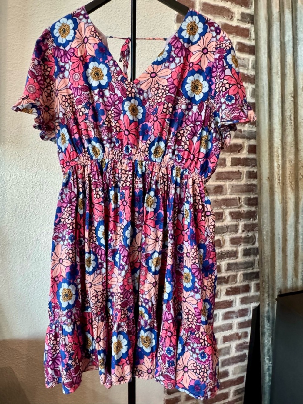 Terra & Sky Floral V-Neck Short Sleeve Tiered Dress - Pink Blue Purple 1X 16-18